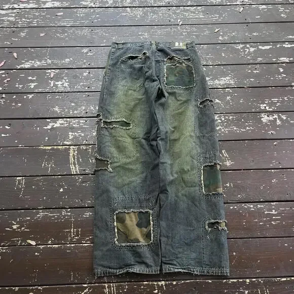 (34x32) Vintage 90s Y2K South Pole Style Camouflage Camo Patchwork Baggy Jeans - Picture 2 of 7